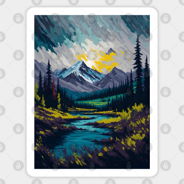 Autumn river and mountains Sticker by Anik Arts